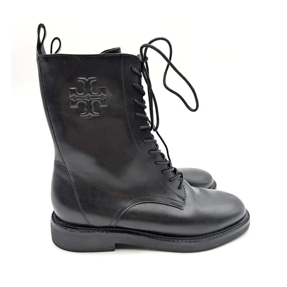 Tory Burch Double-T Lace-Up Combat Boots Women's Black Size US8M EU38.5